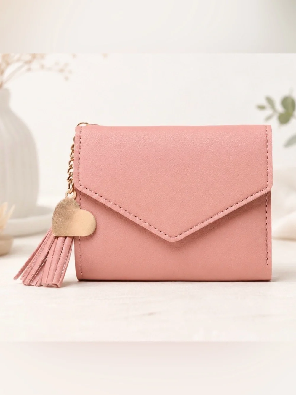 Womens Pink Trifold Wallet Faux Leather Card Holder Cash ID Heart Tassel